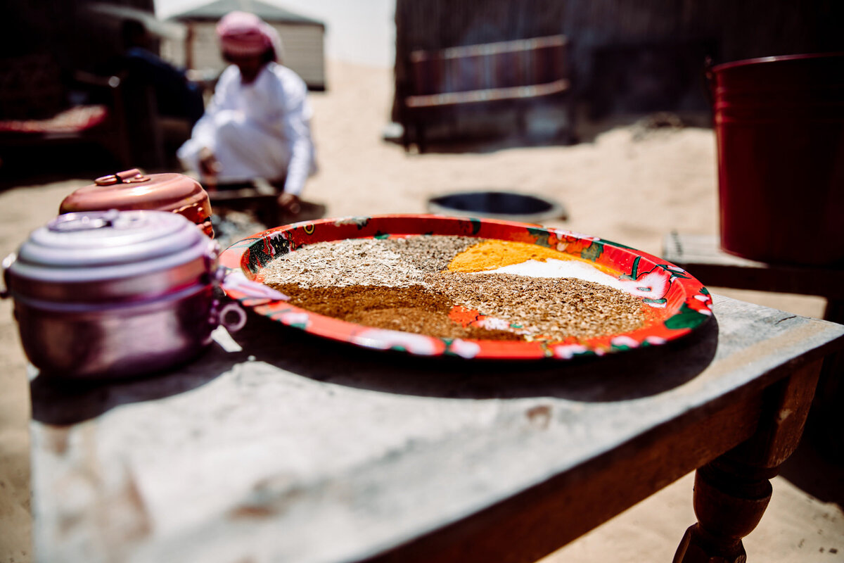 Colorful spices and ingredients prepared outdoors